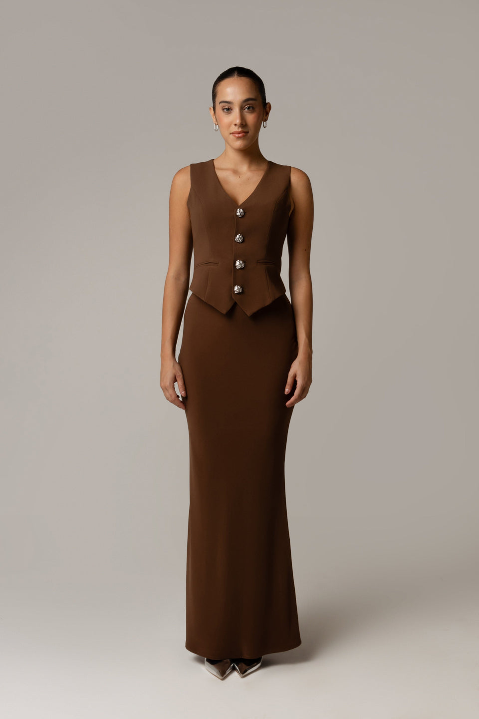 Crepe Co-ord Vest with Button Details in Brown - Noētic