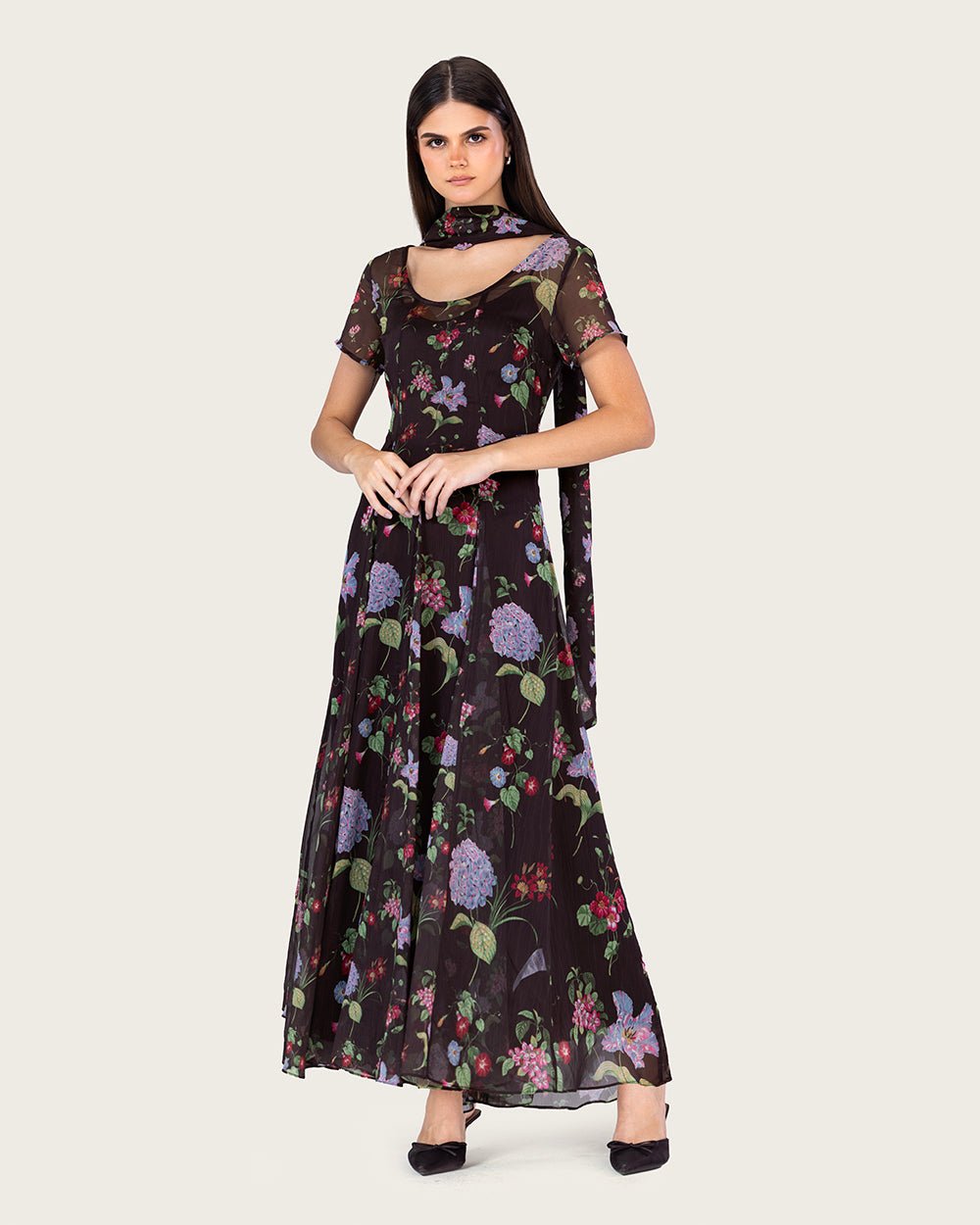 Dark Floral Chiffon Ankle Length Dress with Sheer Overlay - Noētic