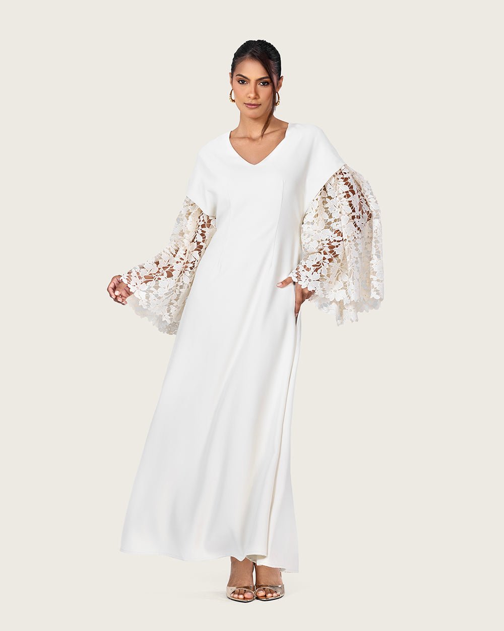 Elegant White Dress with Lace Sleeves - Noētic