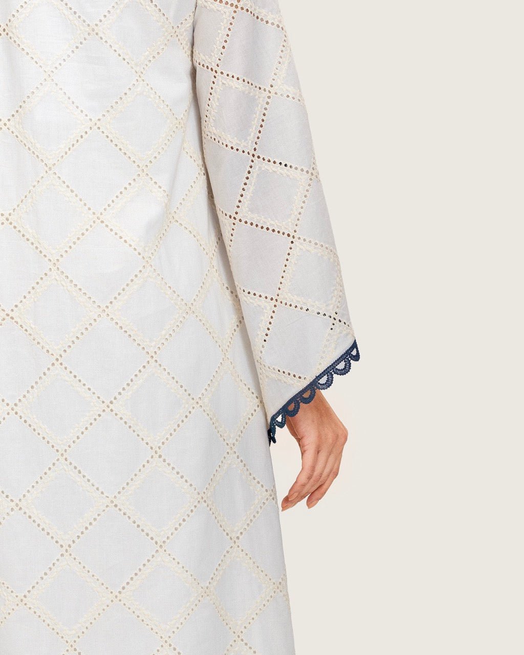 Embroidered Eyelet Ivory Kaftan Dress with Floral Details and Trims - Noētic