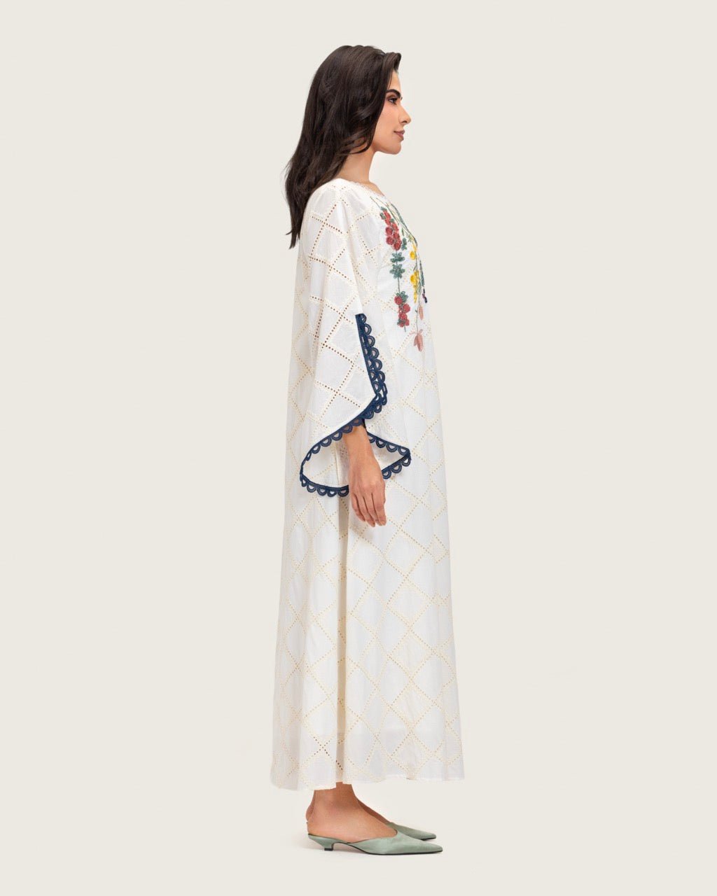 Embroidered Eyelet Ivory Kaftan Dress with Floral Details and Trims - Noētic