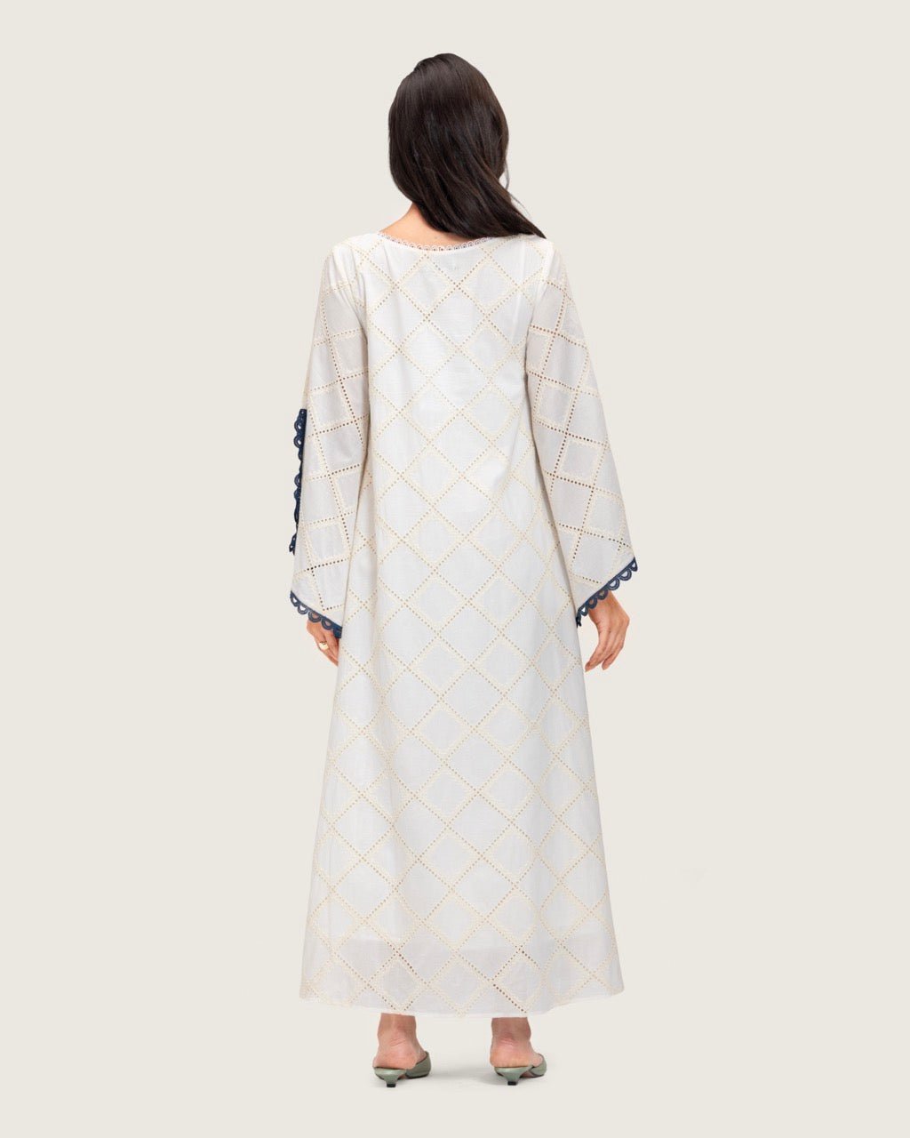 Embroidered Eyelet Ivory Kaftan Dress with Floral Details and Trims - Noētic