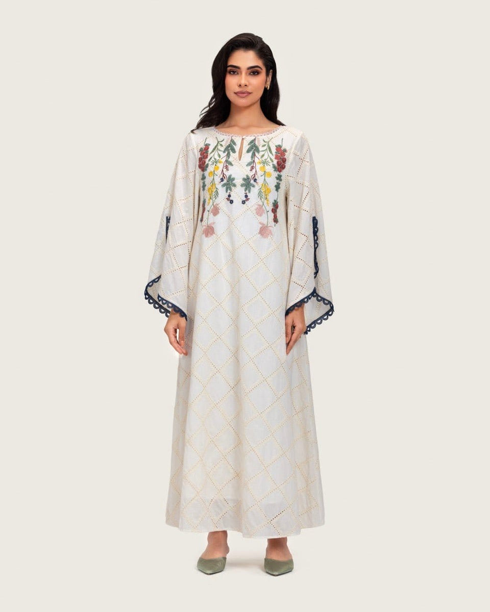Embroidered Eyelet Ivory Kaftan Dress with Floral Details and Trims - Noētic