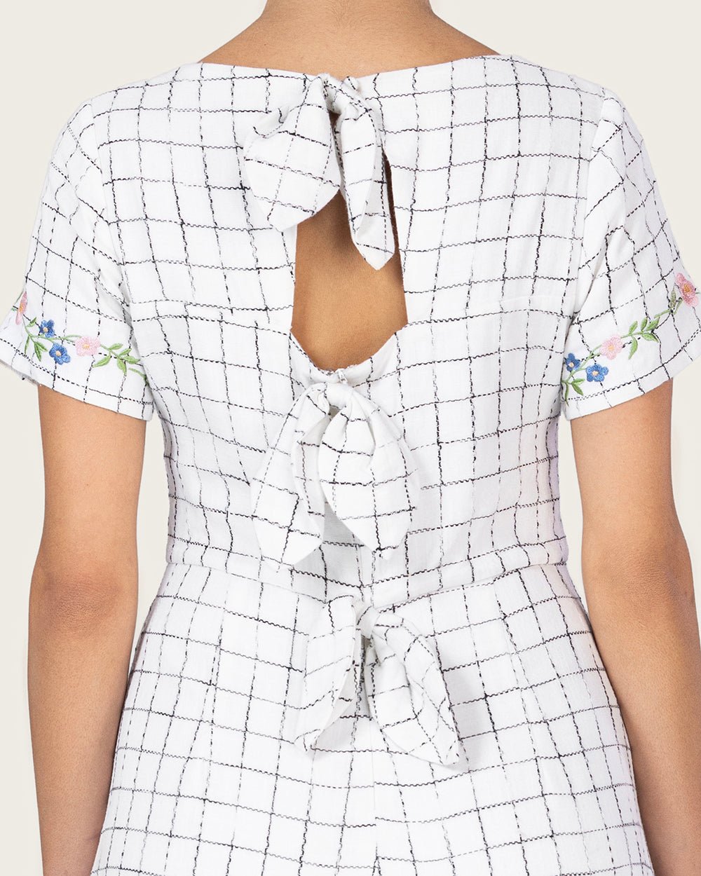 Embroidered Floral Linen Dress with Three Back Bows - Noētic