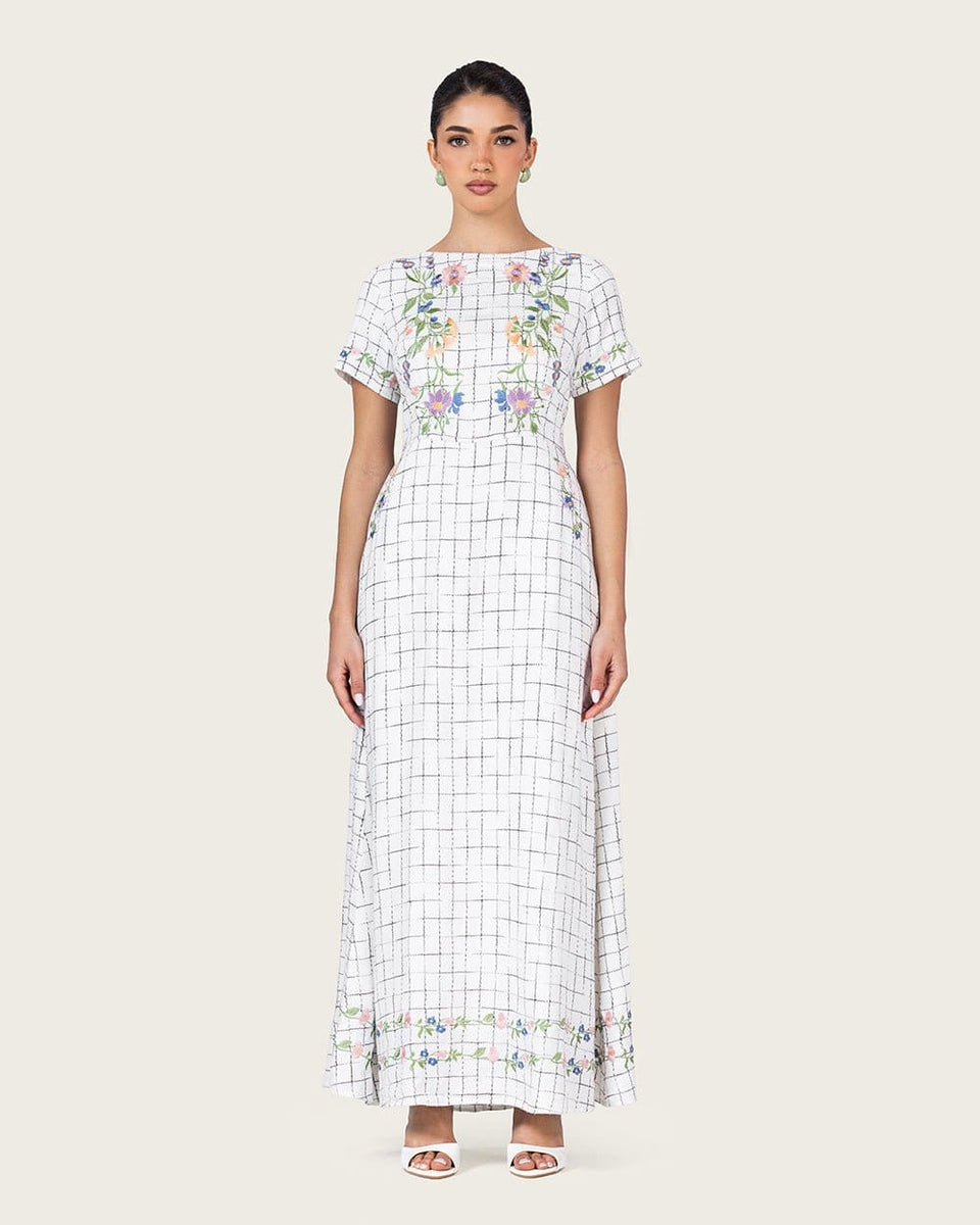 Embroidered Floral Linen Dress with Three Back Bows - Noētic