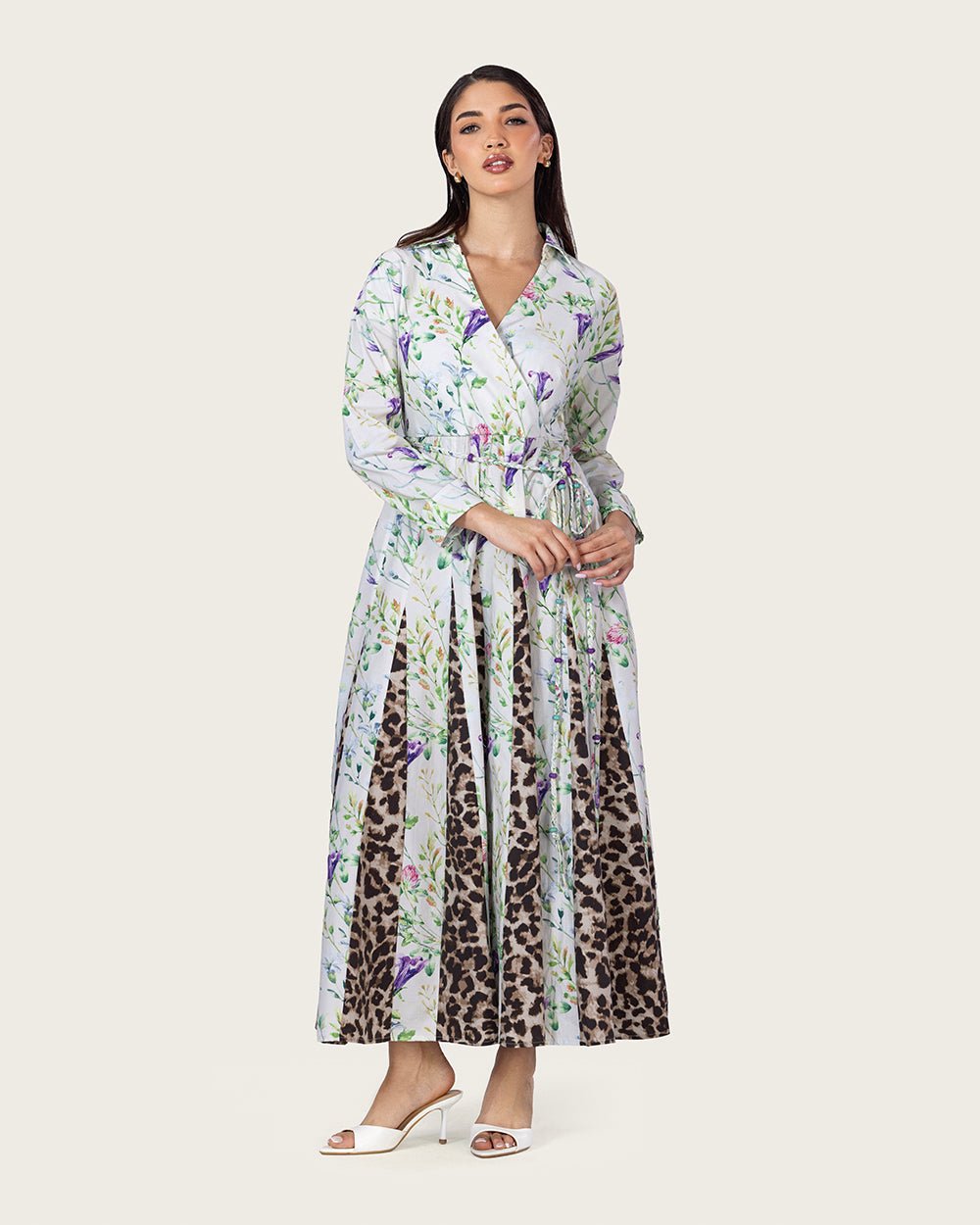 Floral & Leopard Linen Shirt Dress with Braided Beaded Belt - Noētic