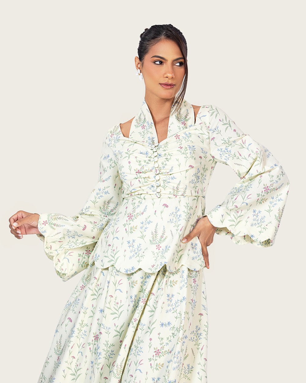 Floral Linen Ankle Length Dress with Scalloped Details - Noētic