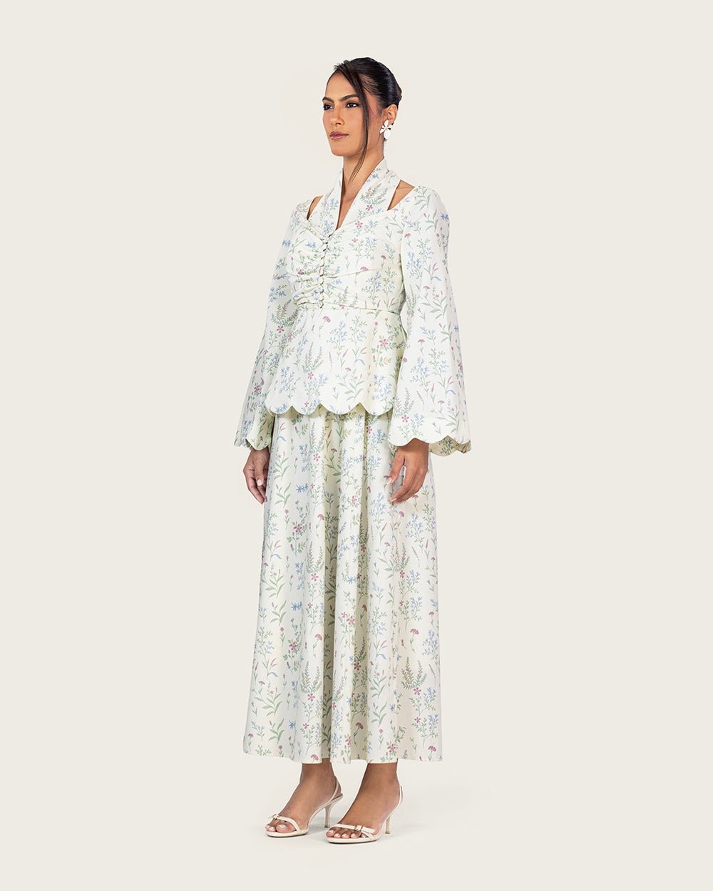 Floral Linen Ankle Length Dress with Scalloped Details - Noētic