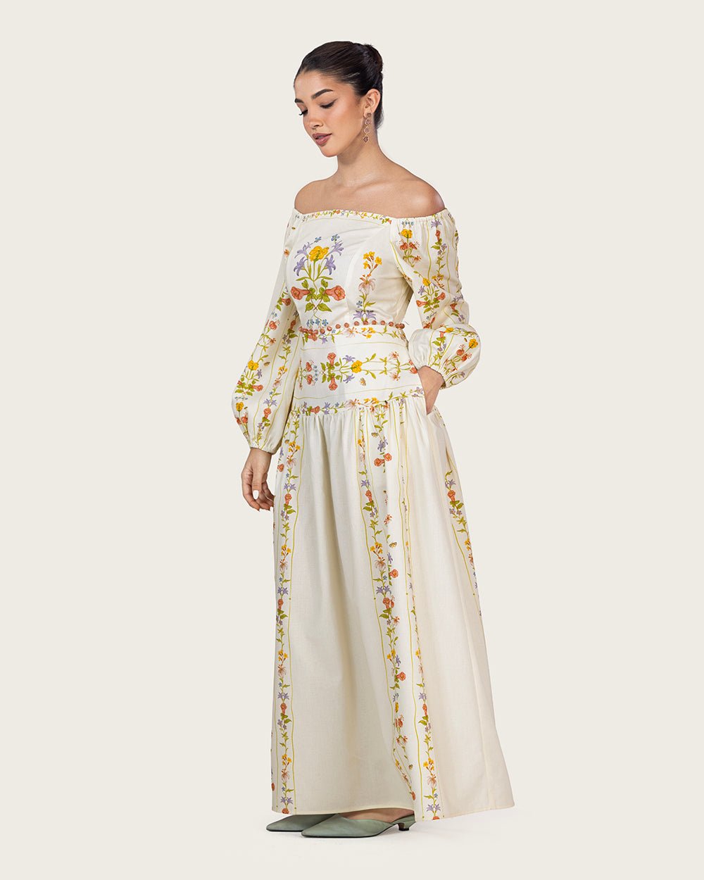 Floral Linen Dress with Hand-Beaded Waist - Noētic