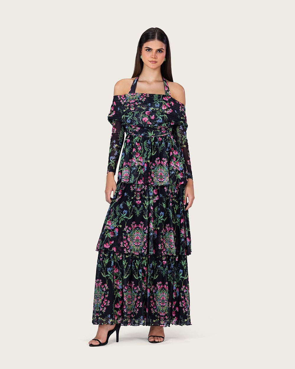 Floral Mesh Off-Shoulder Maxi Dress with Tiered Skirt - Noētic