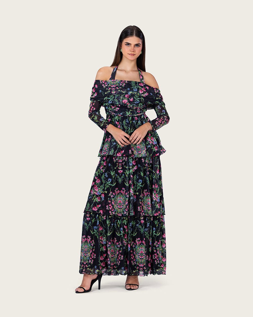 Floral Mesh Off-Shoulder Maxi Dress with Tiered Skirt - Noētic