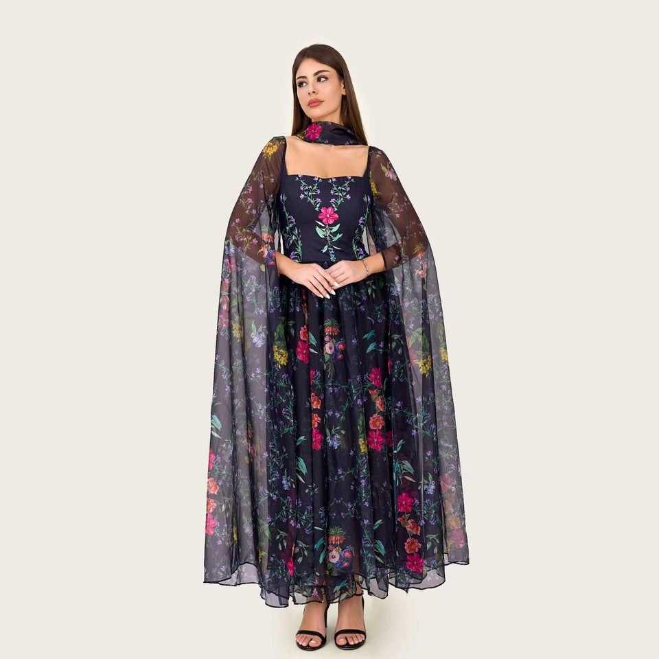 Floral Organza Maxi Dress with Printed Crepe Bodice – Black - Noētic
