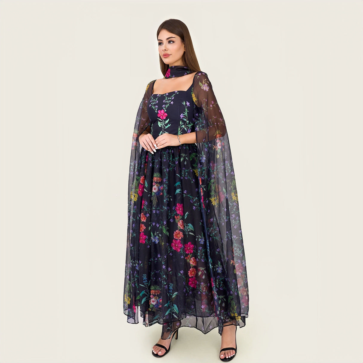 Floral Organza Maxi Dress with Printed Crepe Bodice – Black - Noētic