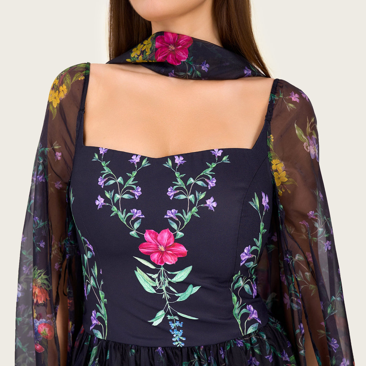 Floral Organza Maxi Dress with Printed Crepe Bodice – Black - Noētic