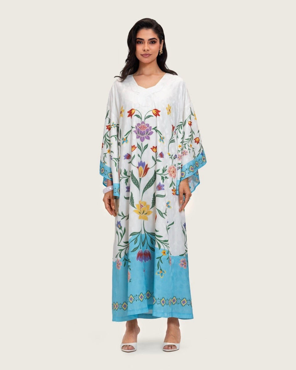 Floral Printed Kaftan Dress – White & Turquoise - Noētic