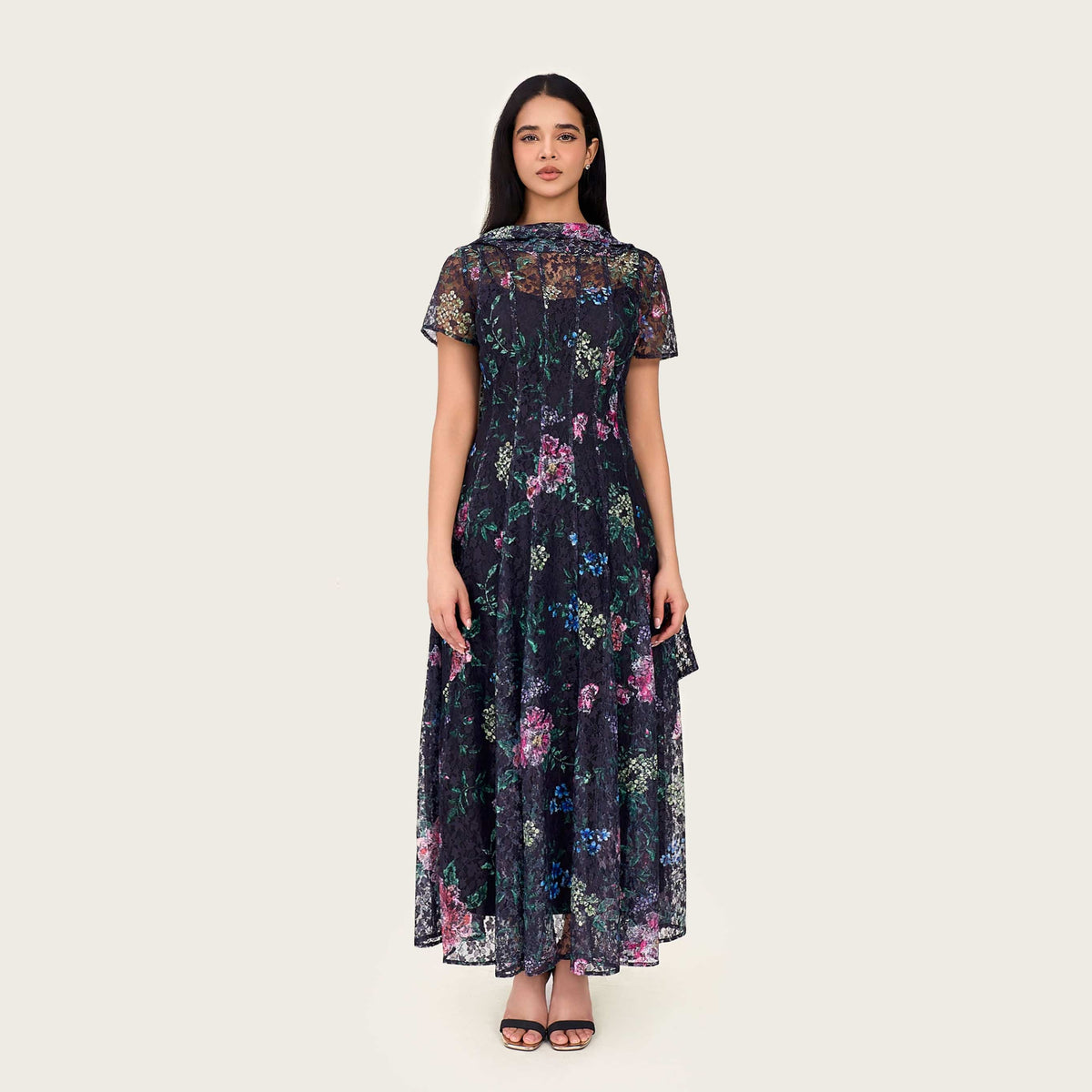 Floral Printed Lace Ankle Length Dress with Matching Scarf S