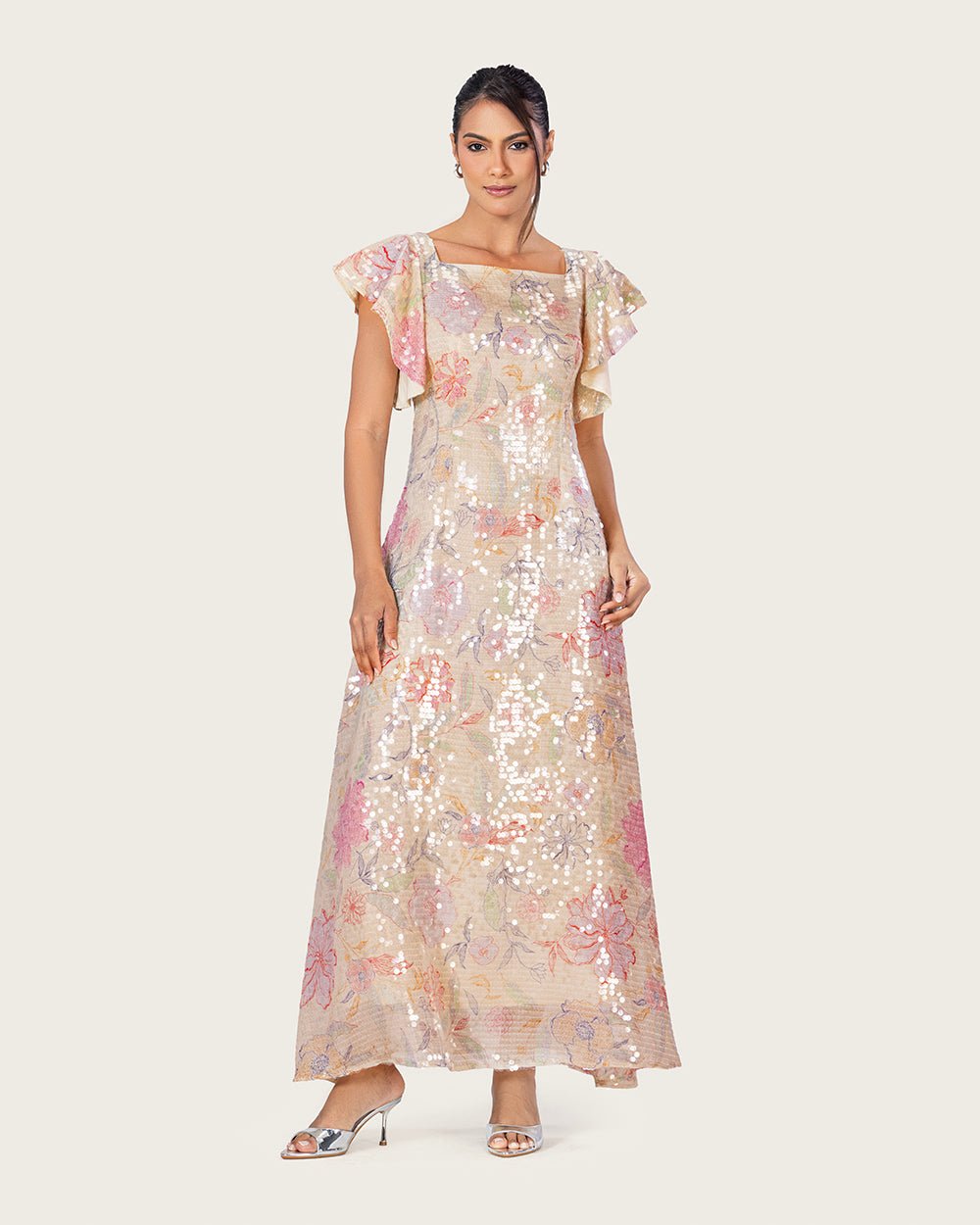 Floral Sequin Maxi Dress with Flutter Sleeves - Noētic