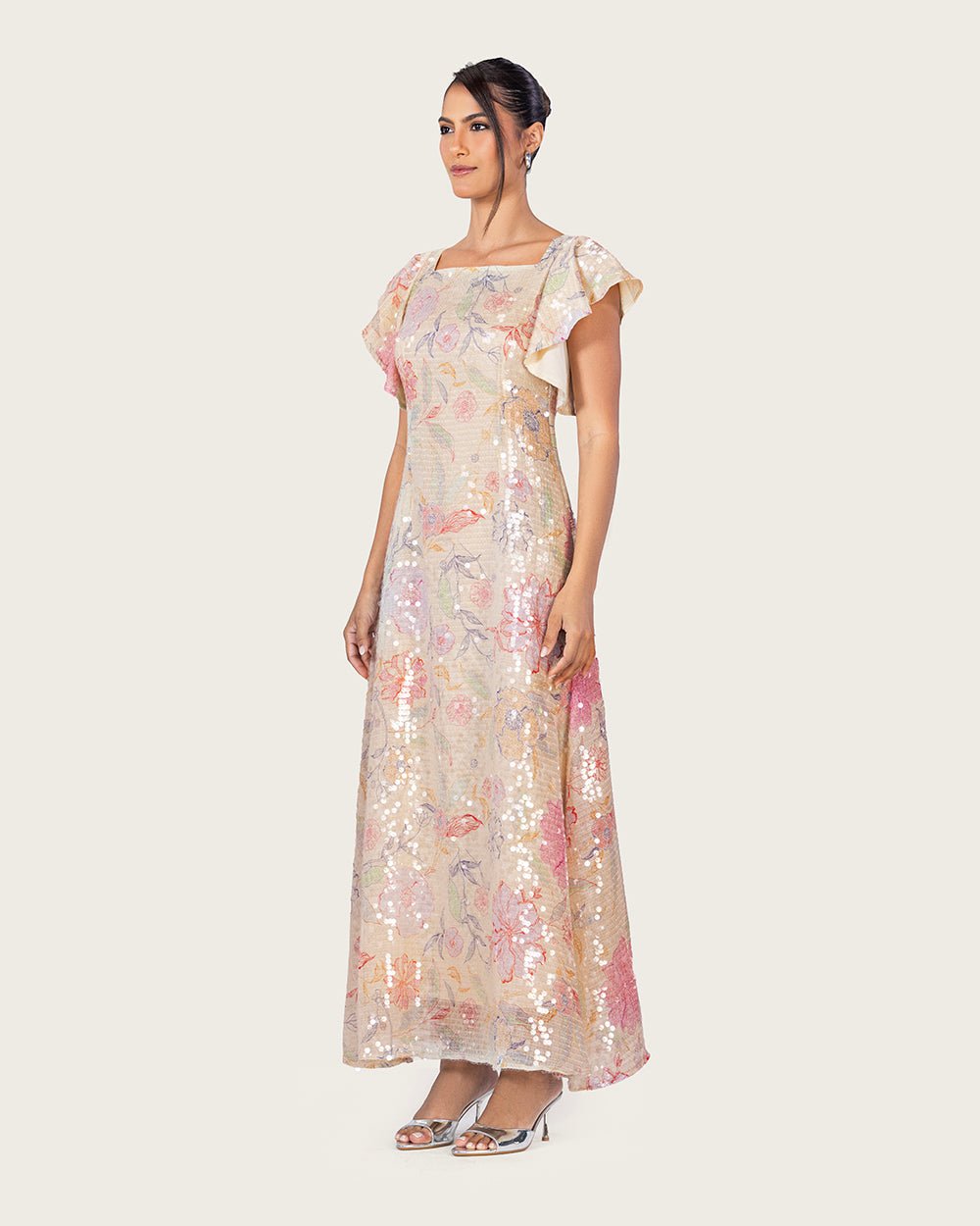 Floral Sequin Maxi Dress with Flutter Sleeves - Noētic