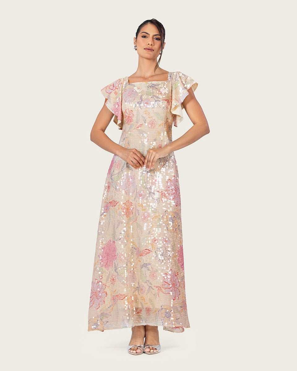 Floral Sequin Maxi Dress with Flutter Sleeves - Noētic
