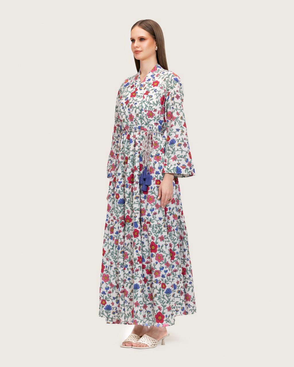 Floral Tiered Maxi Wrap Dress with Waist Tie Tassels - Noētic