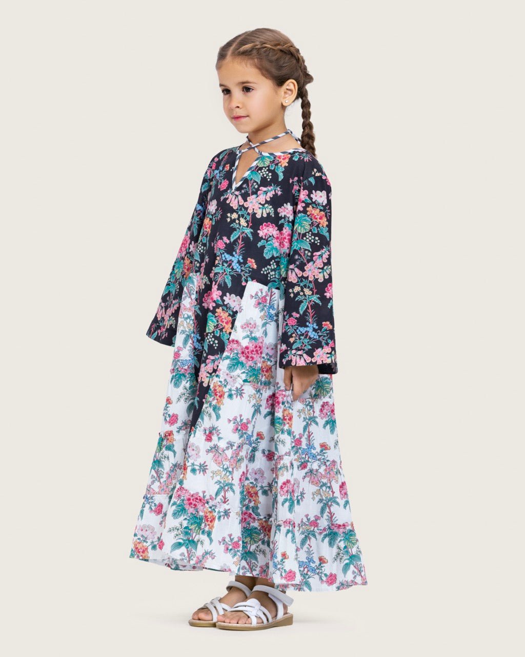 Girls Floral Cotton Dress with Tie Neck and Tassels - Noētic