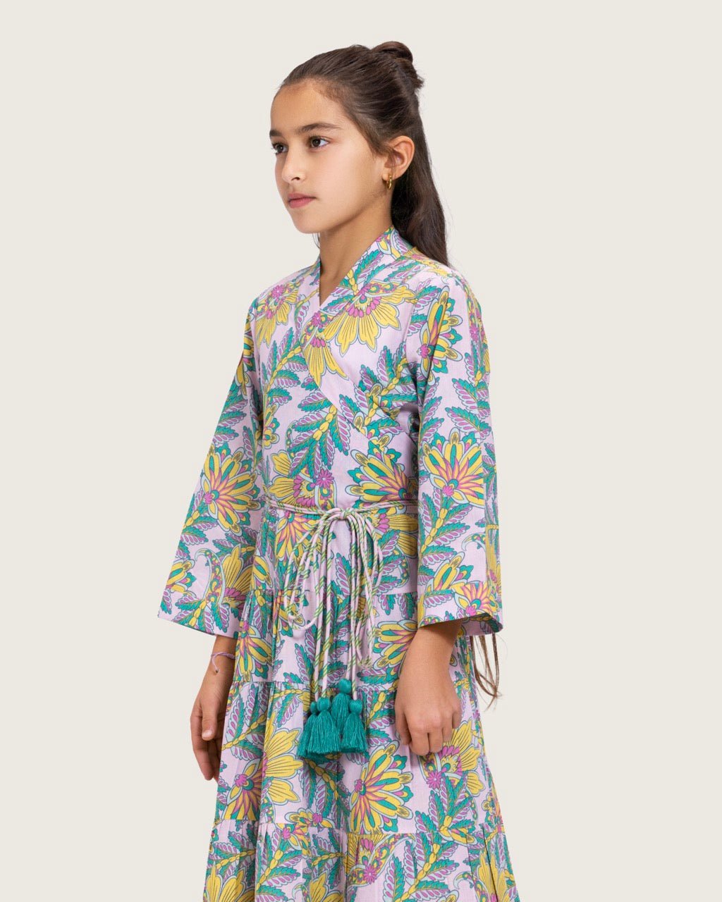 Girls Floral Cotton Wrap Dress with Soft Tiers - Teal - Noētic