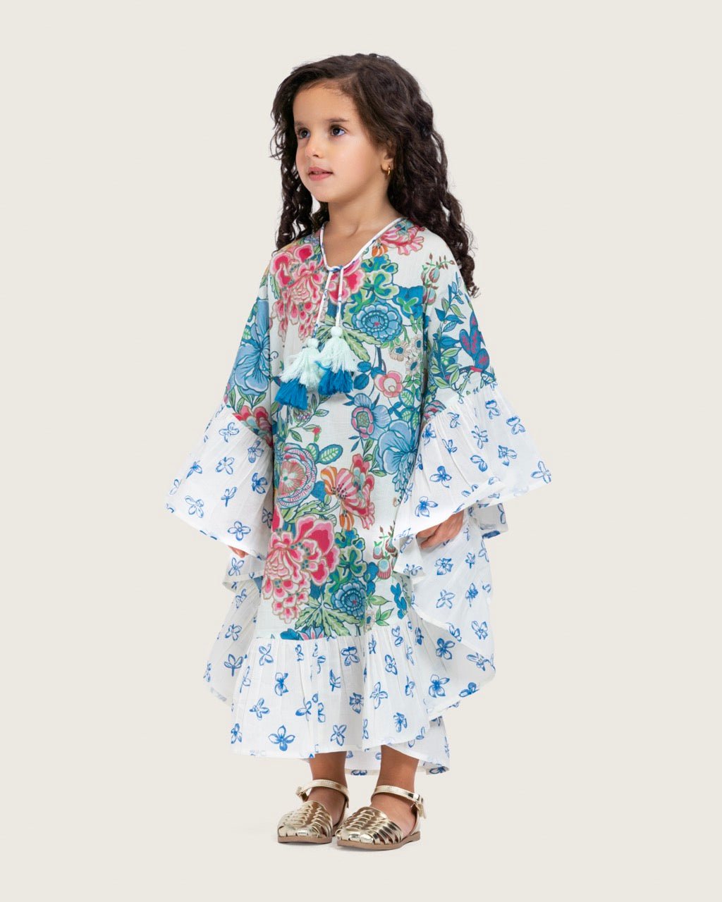Girls Printed Kaftan with Flowy Silhouette and Sleeves - Blue - Noētic