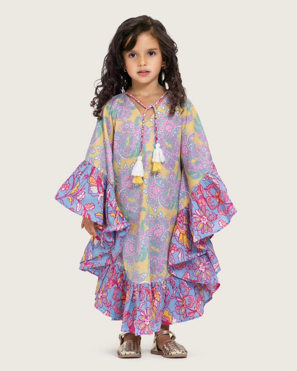 Girls Printed Kaftan with Flowy Silhouette and Sleeves -Pink - Noētic