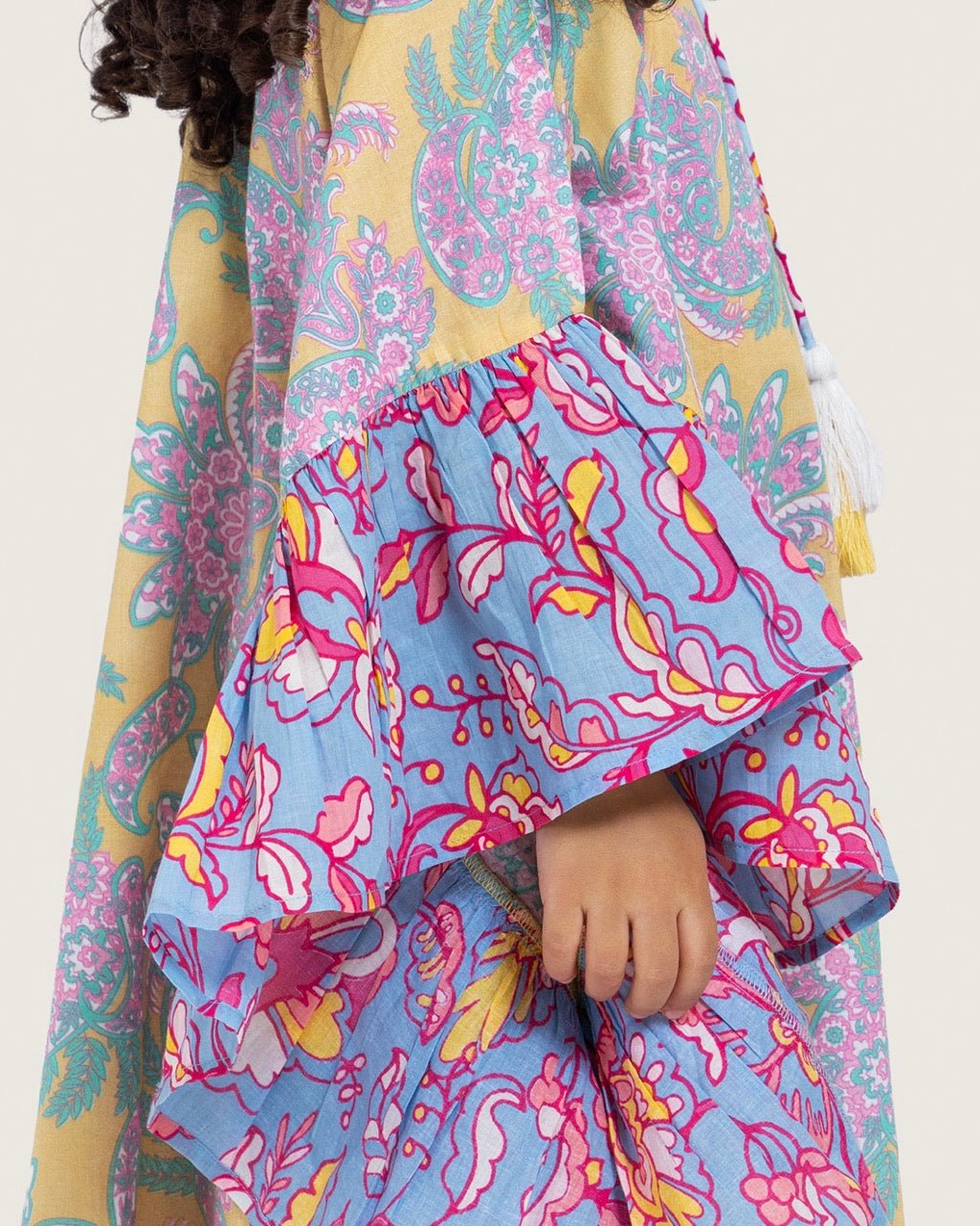 Girls Printed Kaftan with Flowy Silhouette and Sleeves -Pink - Noētic