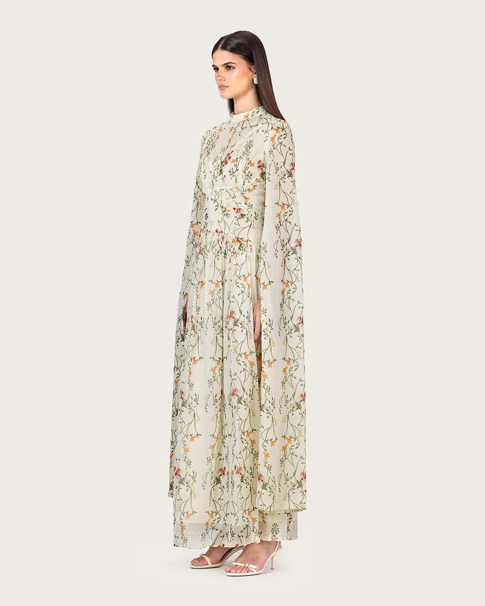 Ivory Floral Maxi Dress with Cape Sleeves - Noētic