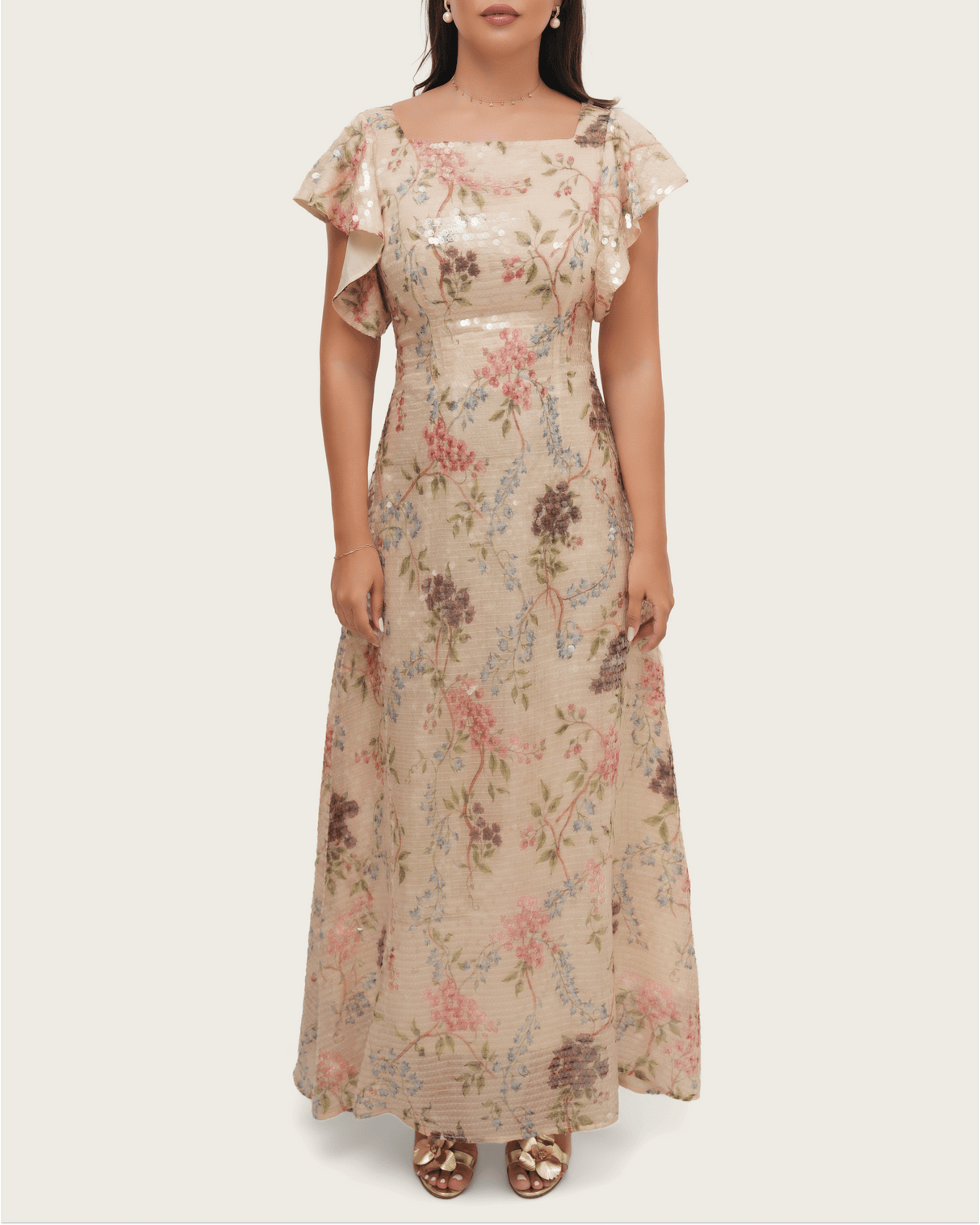 Ivory Floral Sequin Maxi Dress - Noētic