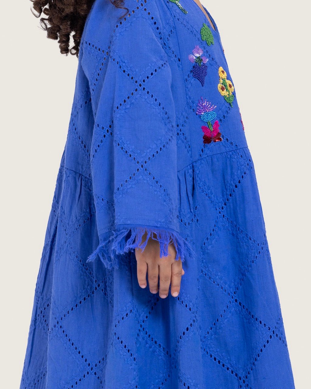 Kids Eyelet Cotton A-Line Dress with Handmade Beaded & Sequin Details - Noētic