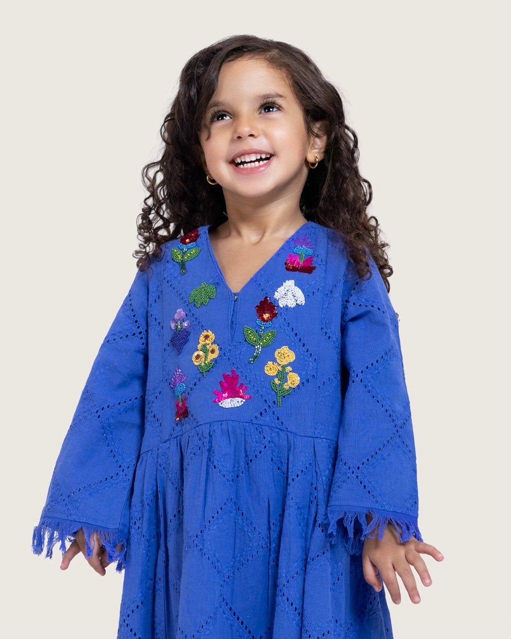Kids Eyelet Cotton A-Line Dress with Handmade Beaded & Sequin Details - Noētic