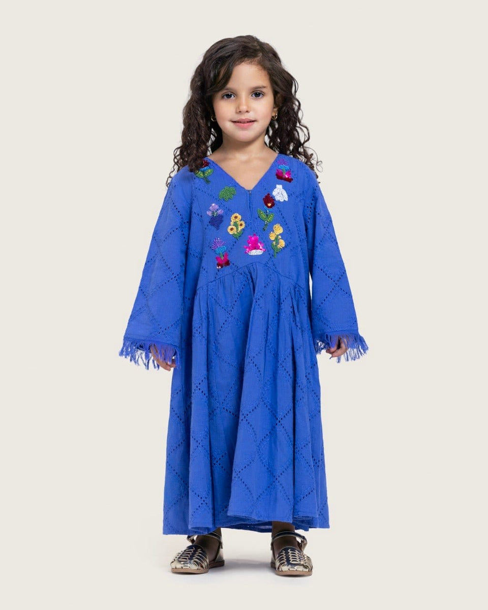 Kids Eyelet Cotton A-Line Dress with Handmade Beaded & Sequin Details - Noētic