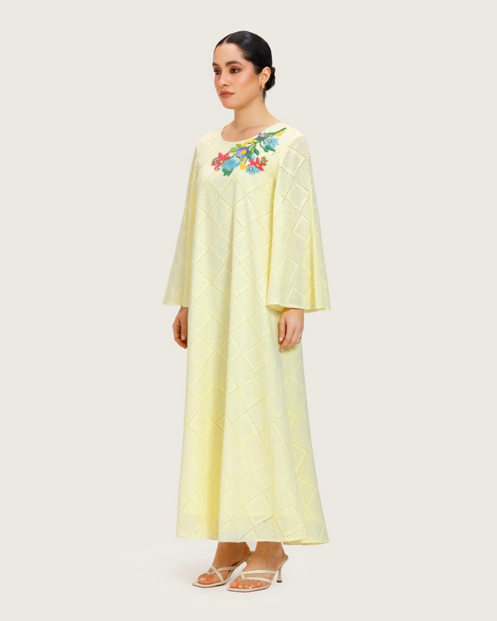 Loose Eyelet Cotton Dress with Handmade Beaded & Sequin Embellishments - Noētic