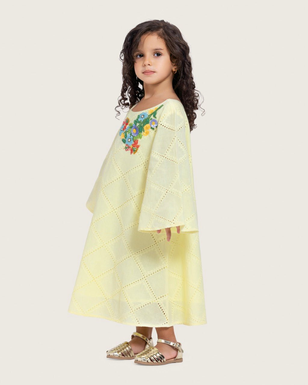 Loose Eyelet Cotton Kids Dress with Handmade Beaded & Sequin Embellishments - Noētic