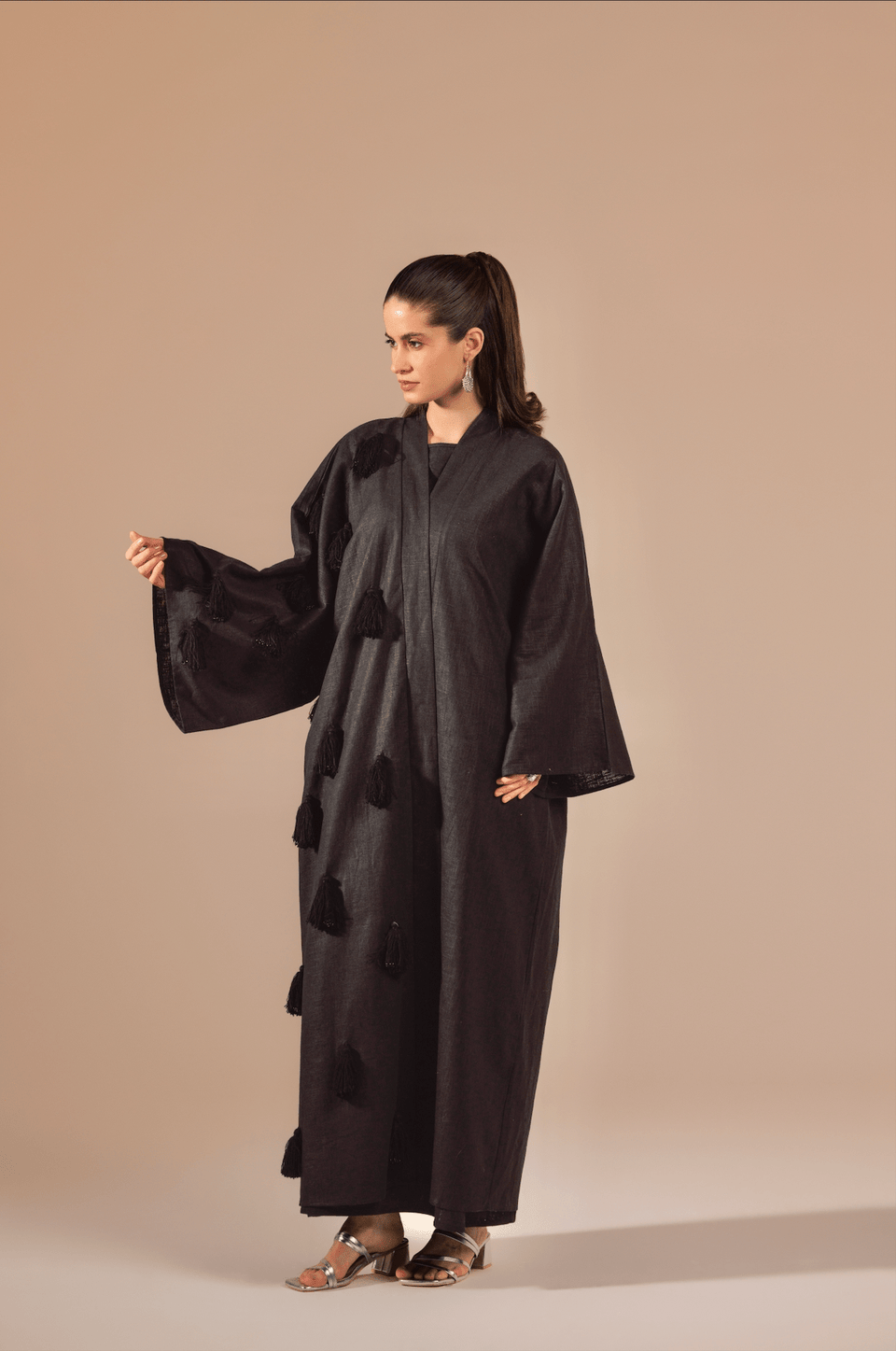 Luxe Black Linen Abaya Kimono with Beaded Black-on-Black Tassels - Noētic