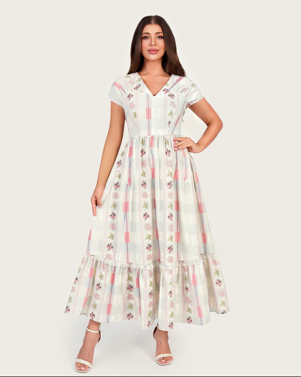 Luxury Linen Maxi Dress with Floral Print & Fringe Detail - Noētic
