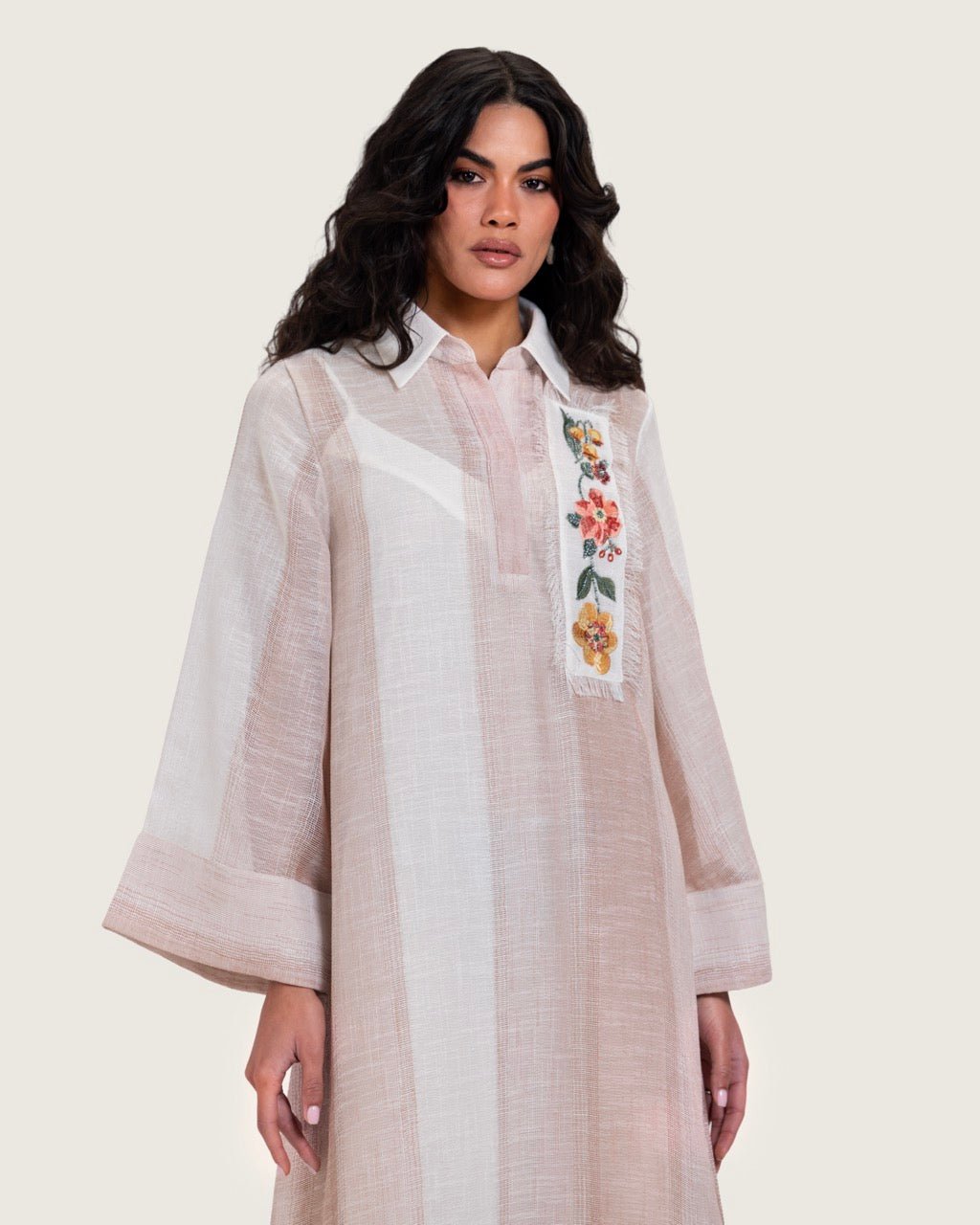 Maxi Shirt Dress with Handcrafted Floral Embroidery - Noētic