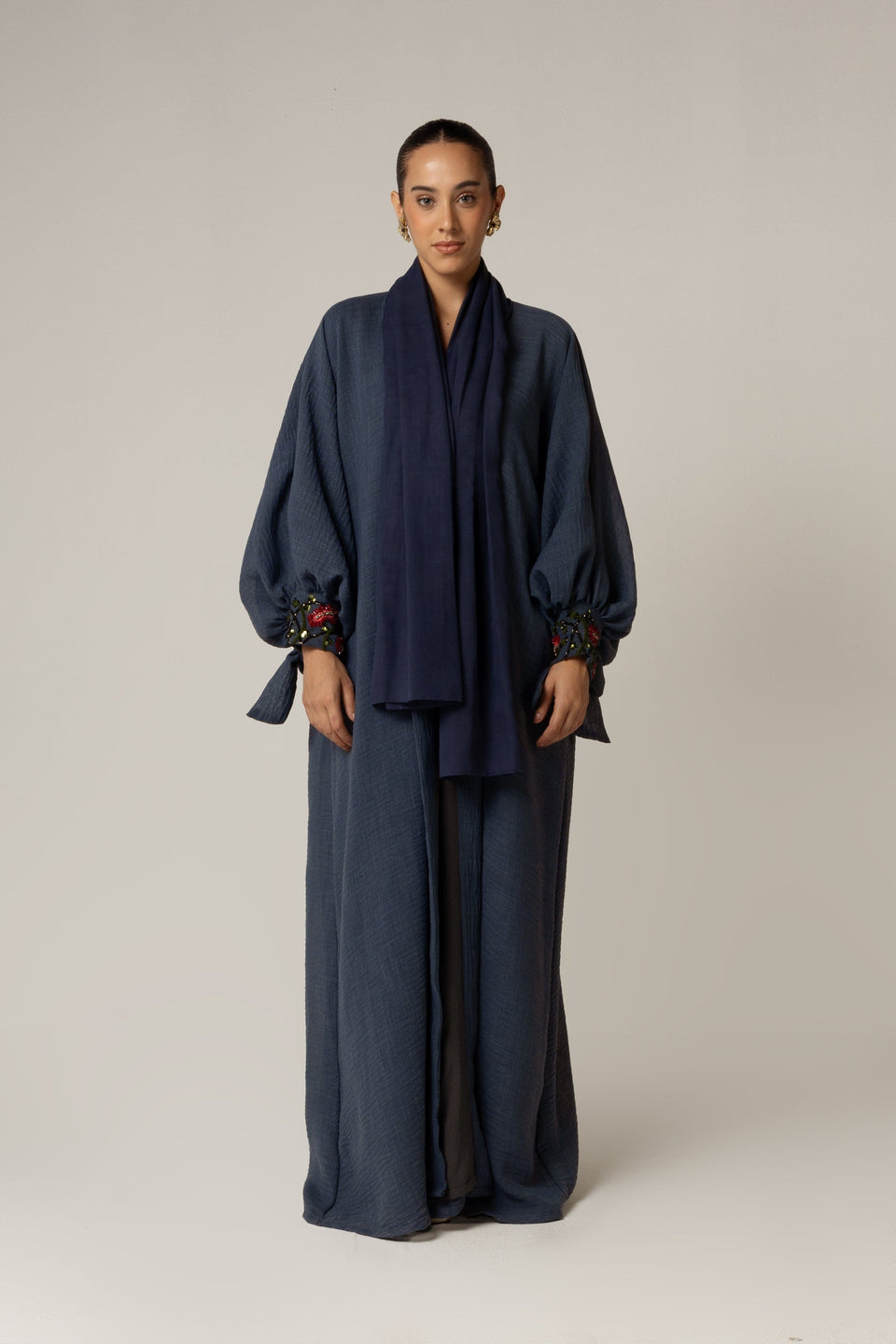 Navy Blue Abaya with Deep Red Flower Beaded Details - Noētic