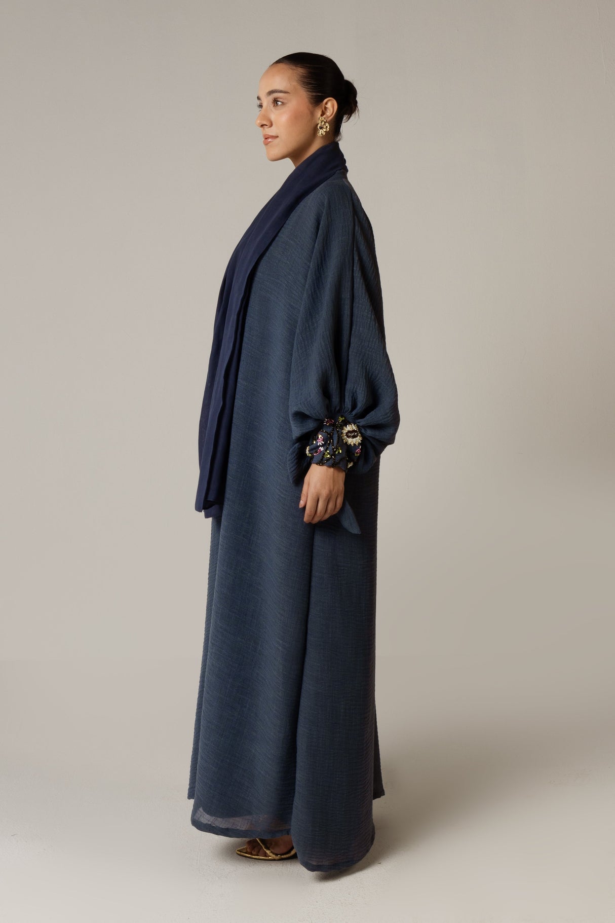 Navy Blue Abaya with Sunflower Beaded Details - Noētic