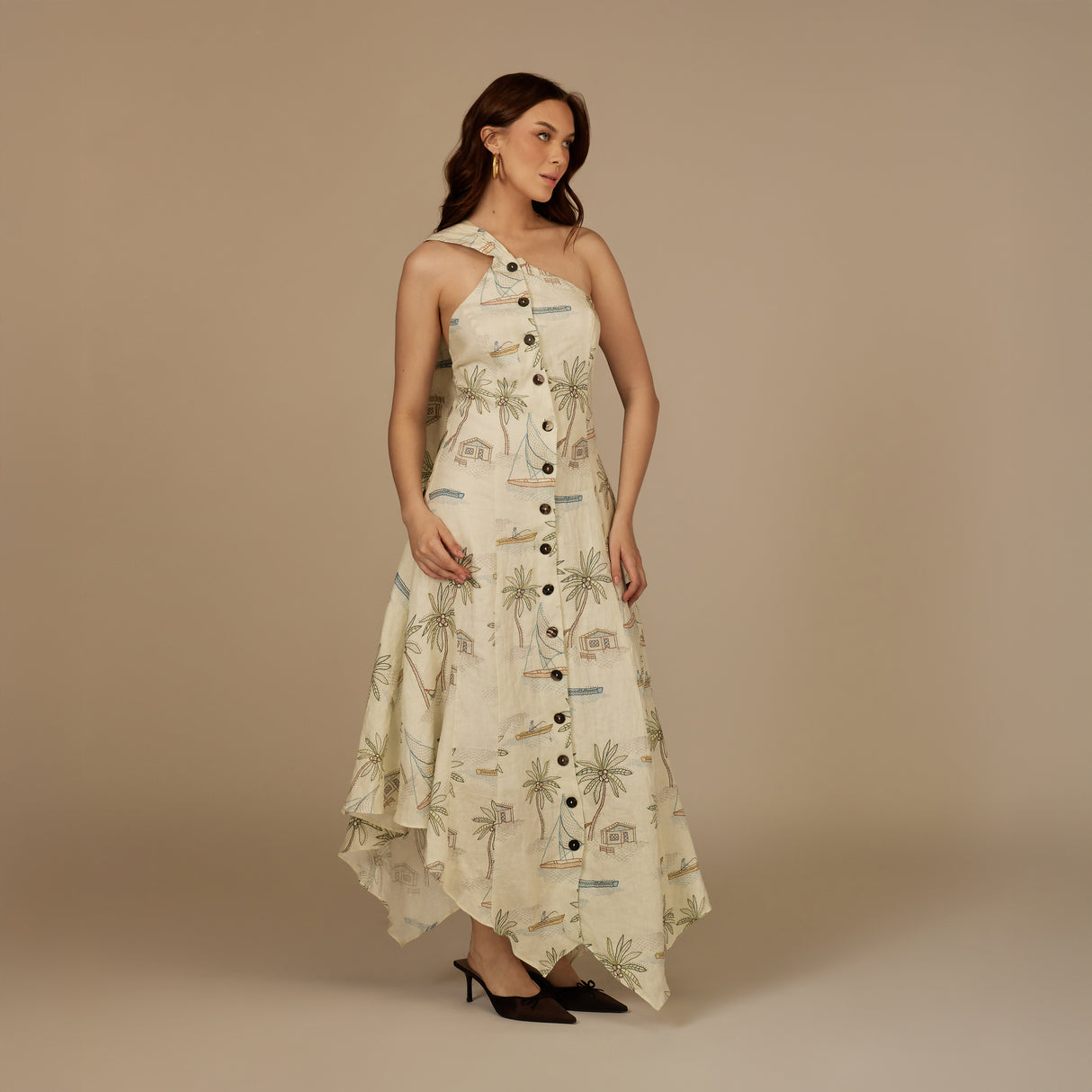 Beige Coastal Printed Linen Dress