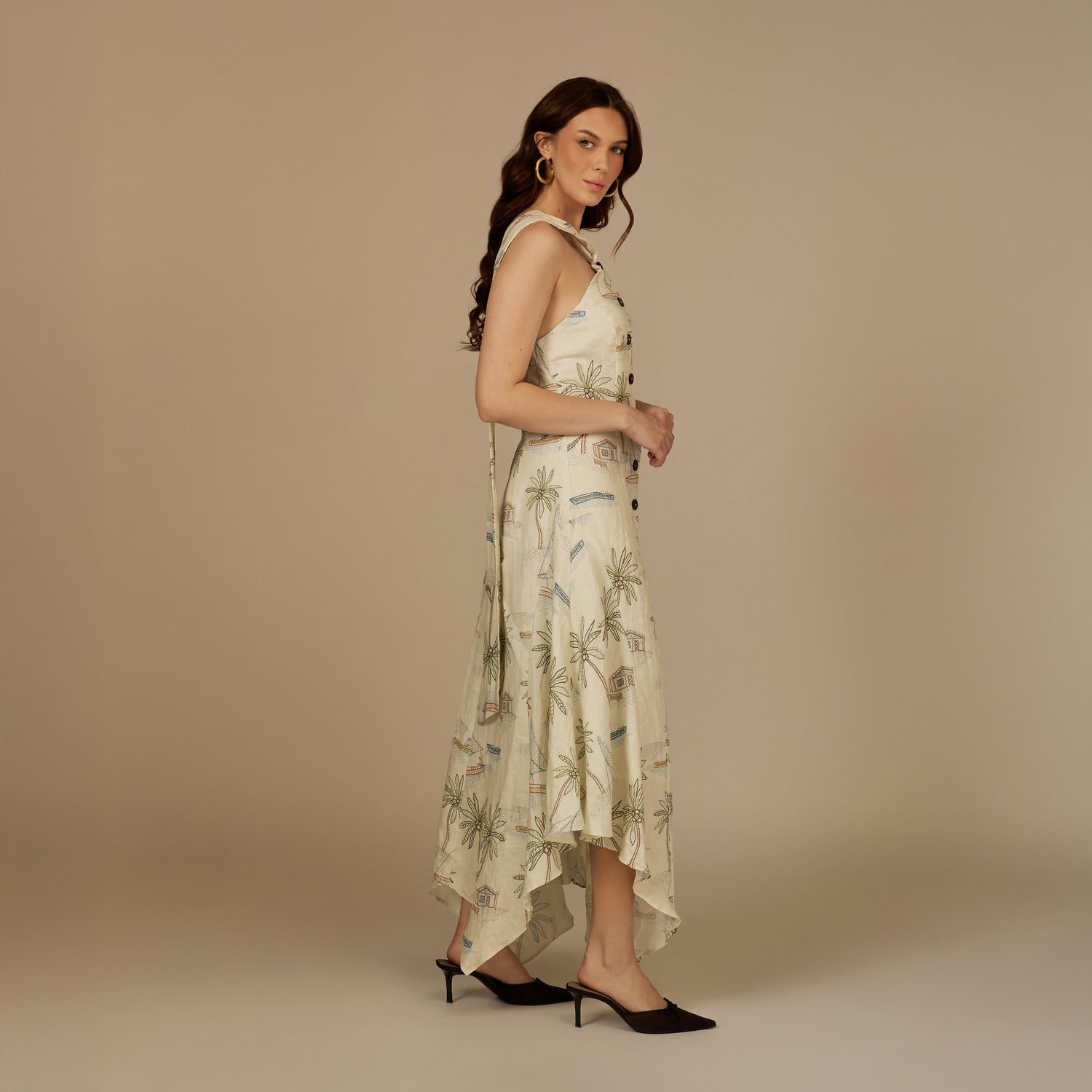 Beige Coastal Printed Linen Dress