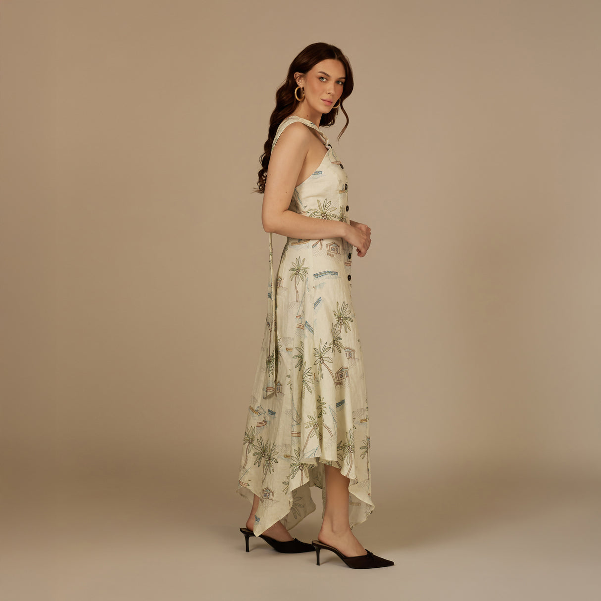 Beige Coastal Printed Linen Dress