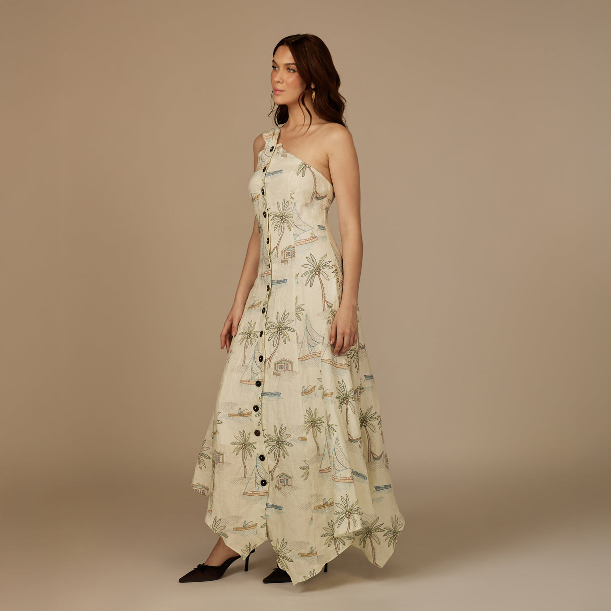 Beige Coastal Printed Linen Dress