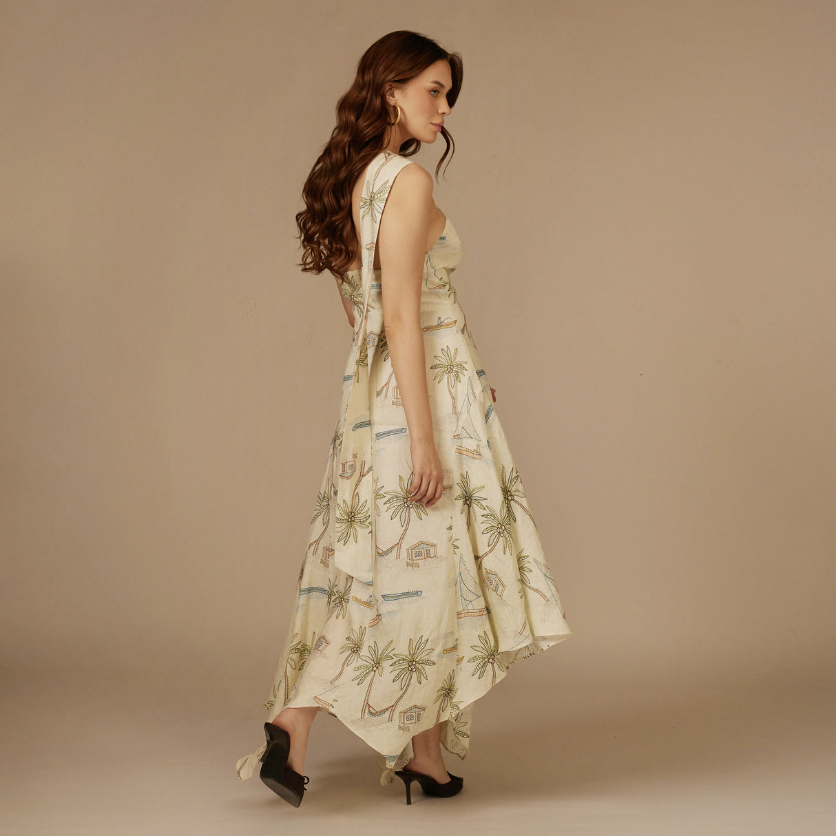 Beige Coastal Printed Linen Dress