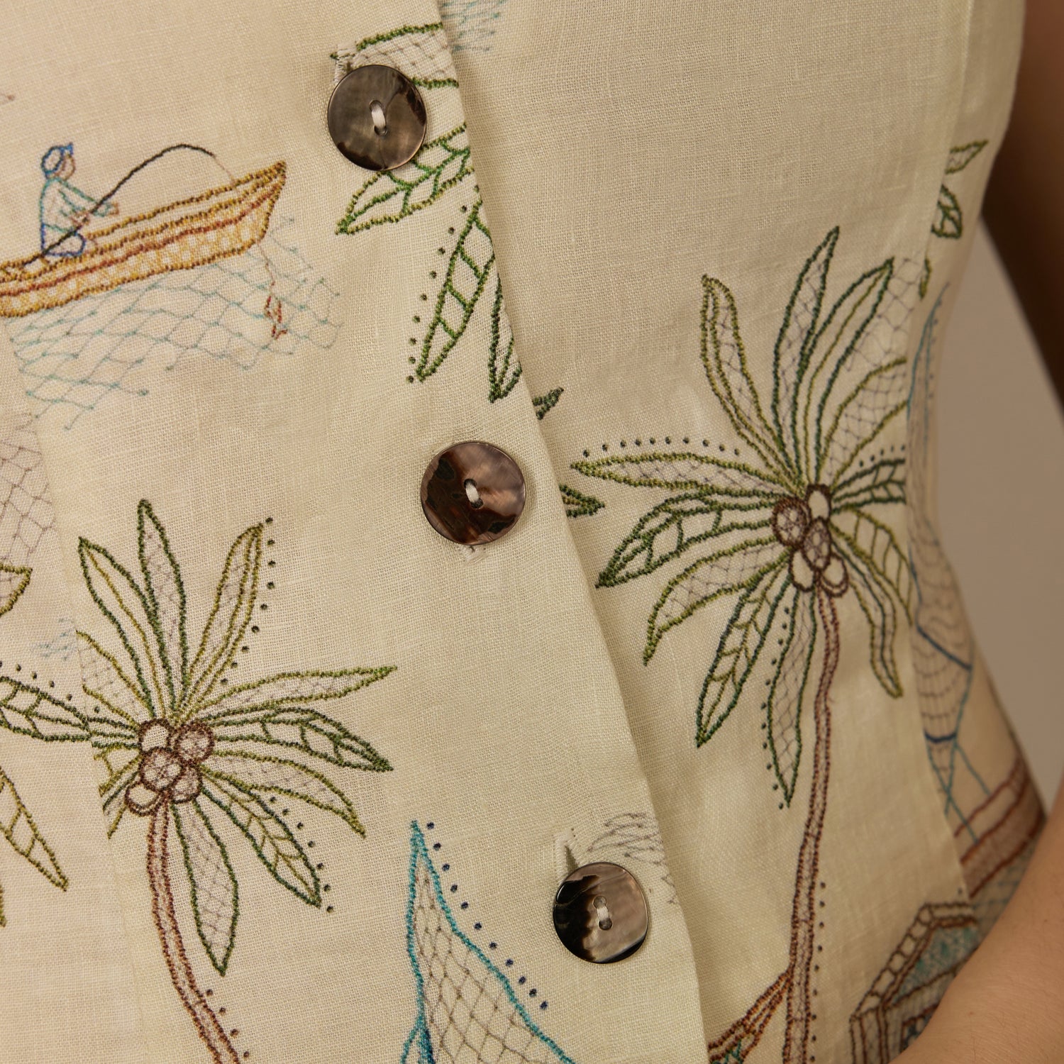 Beige Coastal Printed Linen Dress