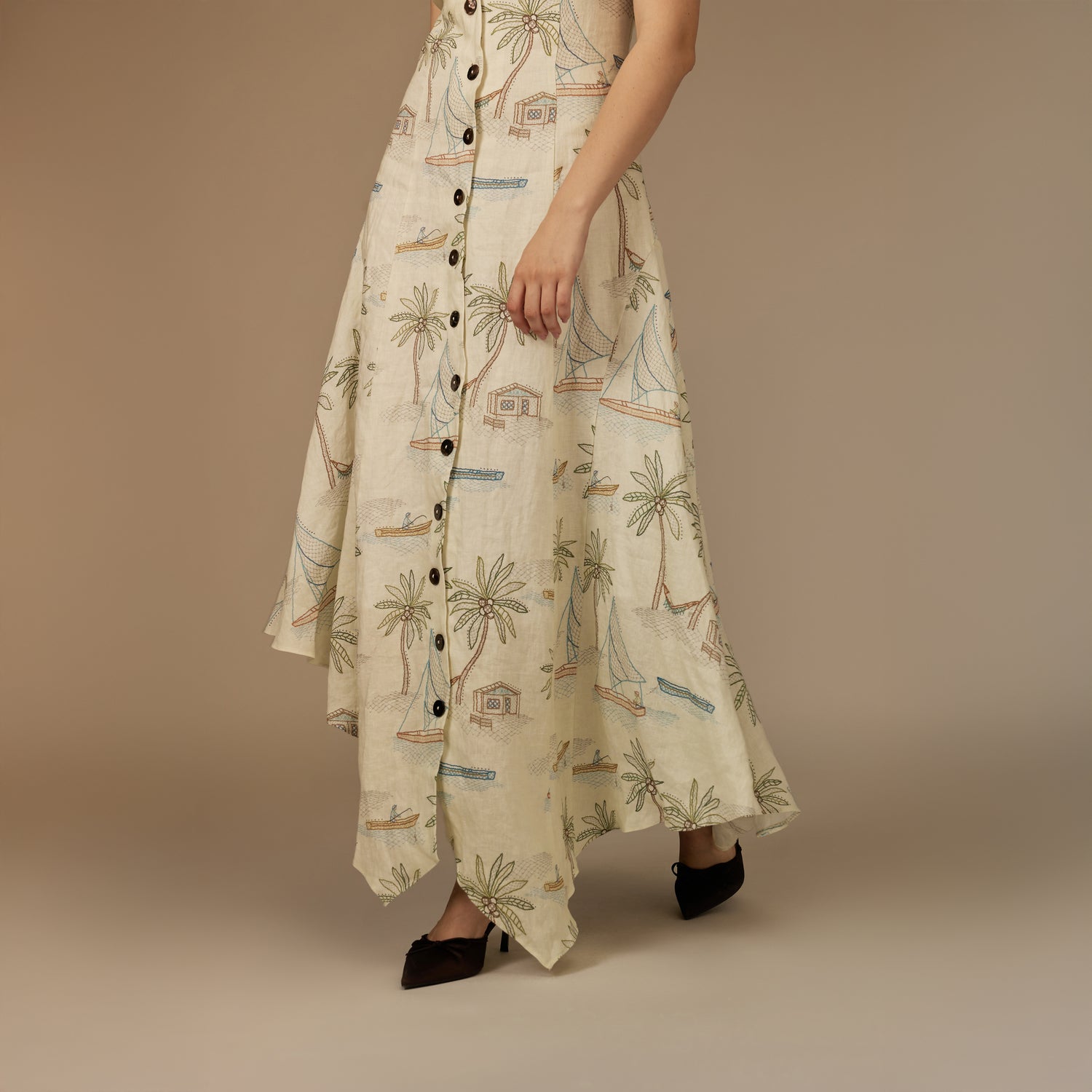 Beige Coastal Printed Linen Dress