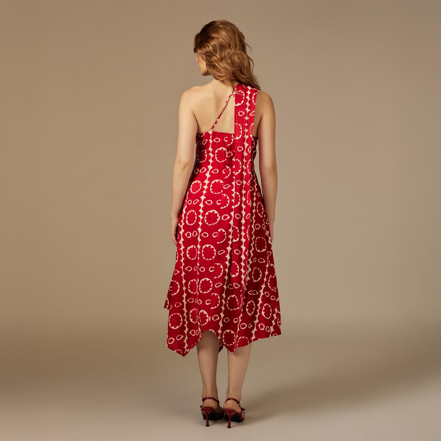 Red Printed Asymmetrical Linen Dress