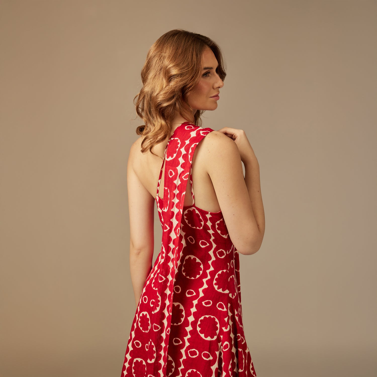 Red Printed Asymmetrical Linen Dress